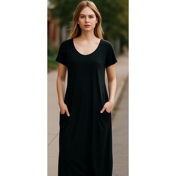 MariaCher. lagenlook maxi dress pockets black rough hem high end designer